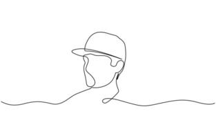 Profile portrait of a young man in a cap. One continuous line drawing of a guy in a cap, Young man in a cap one continuous line art design vector