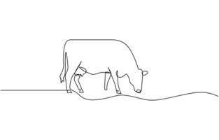 Continuous line of cows eating grass. one line drawing of cow farm. single line art illustration design vector