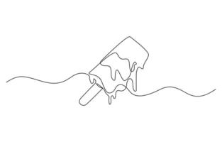 Ice cream bar continuous one line drawing illustration, chocolate ice cream with wooden stick. Sweet and cold food concept single line, Editable stroke. vector