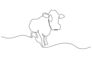Continuous line of cows eating grass. one line drawing of cow farm. single line illustration design vector