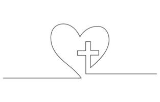 Christian church symbol in continuous line drawing style. Line art of a heart with Christian cross, EPS 10. vector