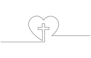 Christian church symbol in continuous line drawing style. Line art of a heart with Christian cross. EPS 10. vector