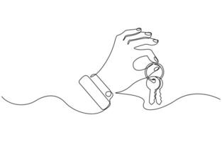 Hand holding a key in continuous line drawing, symbolizing opportunity and unlocking potential.One line drawing of Hand holding a key. Representing property, solution, or security design. vector
