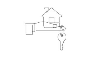 Continuous one line art drawing symbol of house keys, Key with house continuous one line art drawing. Private security symbol. Real estate concept vector