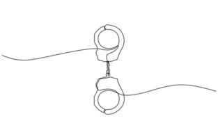 Handcuffs in one continuous line drawing. Symbol of police justice and jail prison concepr in simple linear style. True crime banner with editable stroke. vector