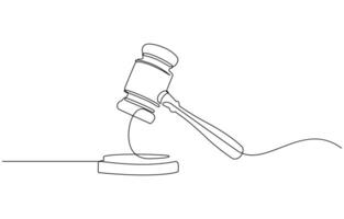 Judge hammer one continuous single line art drawing, One line drawing of judge hammer law symbol continuous hand drawn sketch minimalist design. vector