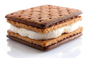 Delicious sandwich cookie with creamy filling against a white background. photo