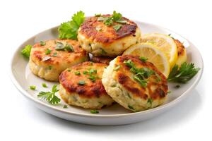 Delicious Fish Cakes with Lemon and Herbs on a Plate photo