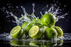 Fresh Limes in Water Splash A Vibrant and Refreshing Image photo