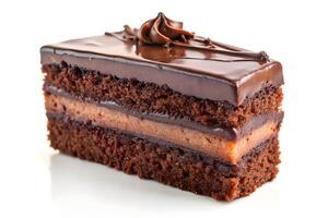 Delicious Chocolate Fudge Cake Slice Against White Background photo