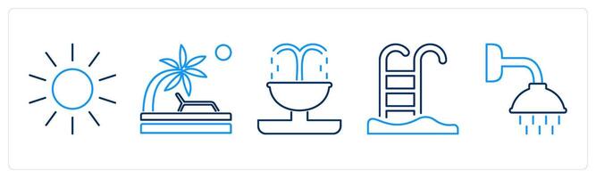 5 Mix icons as sun, beach, fountain vector