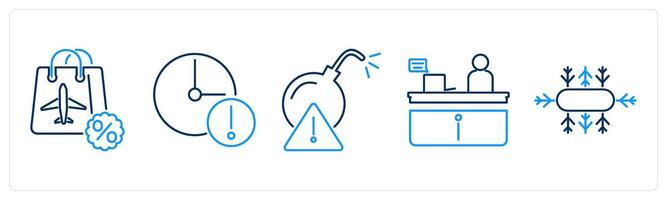 5 Airport icons as duty free, delay, bomb threat vector