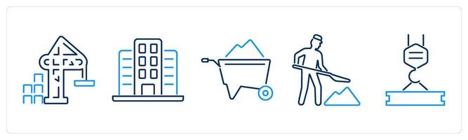 5 Build icons as crane, building, wheelbarrow vector