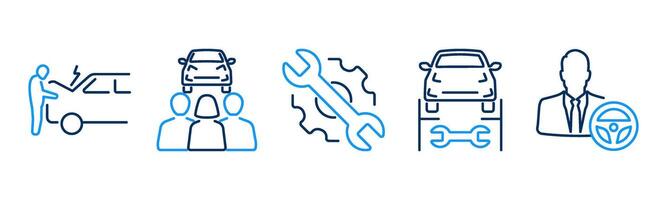 5 Car icons as vehicle breakdown, carpooling, maintenance vector