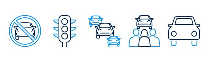 5 Car icons as no car allowed, traffic light, traffic jam vector