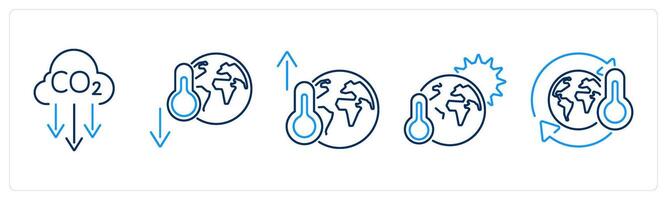 5 climate change icons as co2 reduction, temperature decrease, temperature increase vector