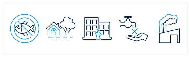 5 climate change icons as extinction of species, flooding, earthquake vector
