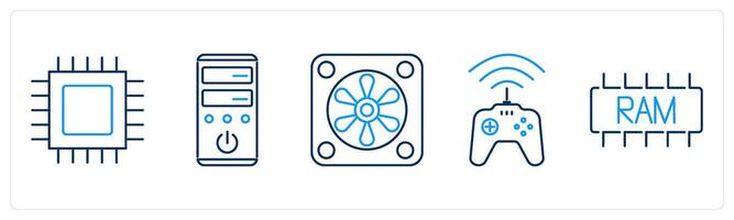 5 Computer Parts icons as cpu processor, system unit, system fan vector