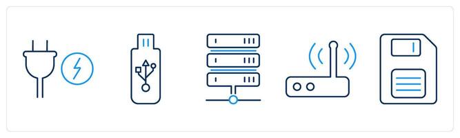 5 Computer Parts icons as power supply, usb, server vector