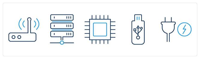 5 Computer Parts icons as router, server, cpu processor vector