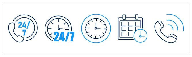 5 Contact icons as call center, 24 hour, clock vector