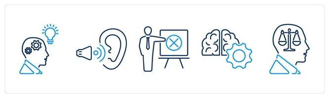 5 Critical Thinking icons as critical thinking, active listening, identifying errors vector