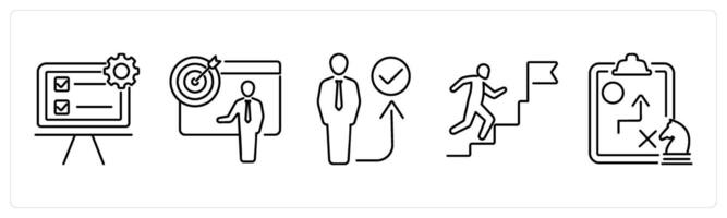 5 Action plan icons as action plan, objective, act in black bold vector