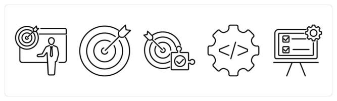 5 Action plan icons as objective, goal, target in black bold vector
