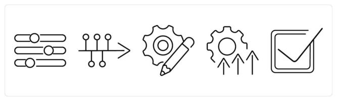 5 Action plan icons as refine, timeline, resources in black bold vector