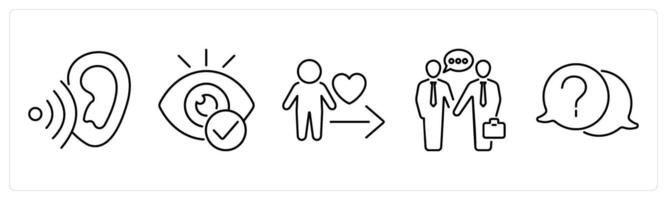 5 Active Listening icons as pay attention, maintain eye contact, show empathy in black bold vector