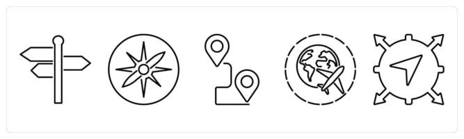 5 Adventure icons as direction, orientation, journey in black bold vector
