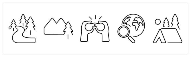 5 Adventure icons as forest, mountains, binoculars in black bold vector