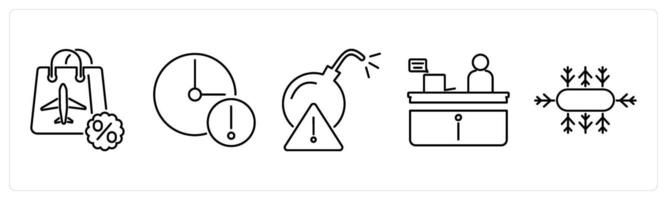 5 Airport icons as duty free, delay, bomb threat in black bold vector