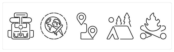5 Adventure icons as backpack, travel, journey in black bold vector