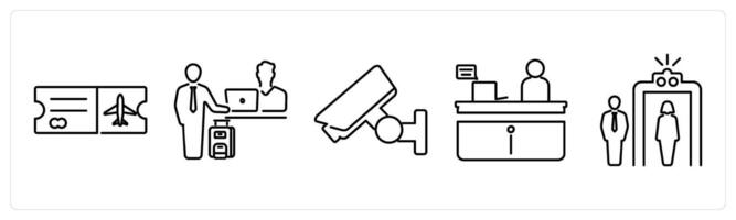 5 Airport icons as boarding pass, check in, cctv in black bold vector