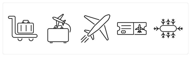 5 Airport icons as trolley, voyage, plane in black bold vector