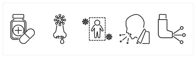 5 Allergy icons as antihistamine, runny nose, immunity in black bold vector