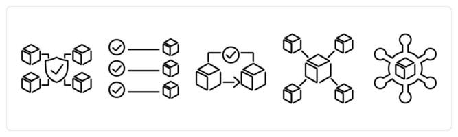 5 Blockchain icons as mining, startup, data analysis in black bold vector
