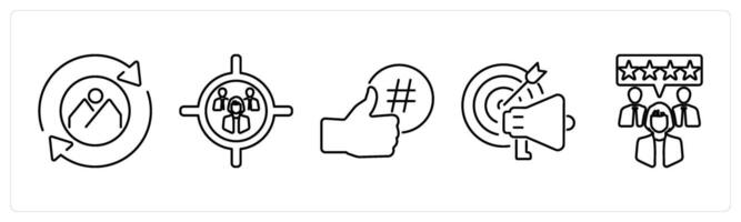 5 Branding icons as rebranding, target audience, social media in black bold vector