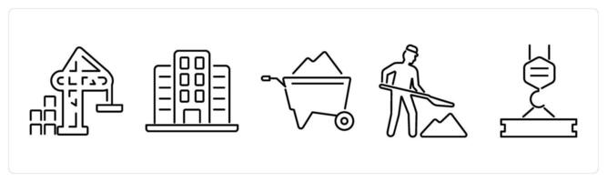5 Build icons as crane, building, wheelbarrow in black bold vector