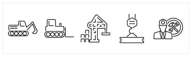 5 Build icons as excavator, bulldozer, crane in black bold vector