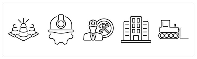 5 Build icons as cone, worker, contractor in black bold vector