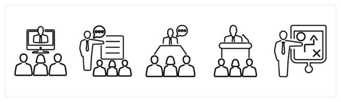 5 Business Presentation icons as seminar, explanation, manager in black bold vector