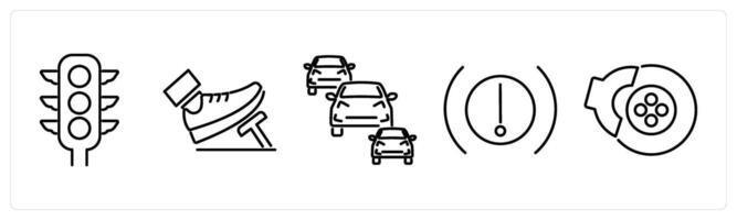 5 Car icons as traffic light, accelerate, traffic jam in black bold vector
