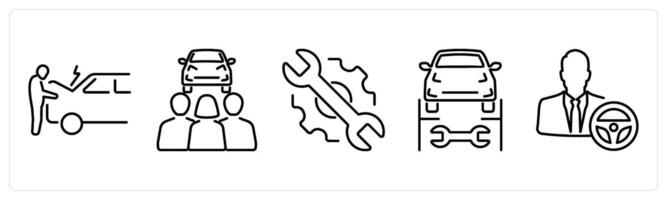 5 Car icons as vehicle breakdown, carpooling, maintenance in black bold vector