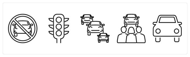 5 Car icons as no car allowed, traffic light, traffic jam in black bold vector