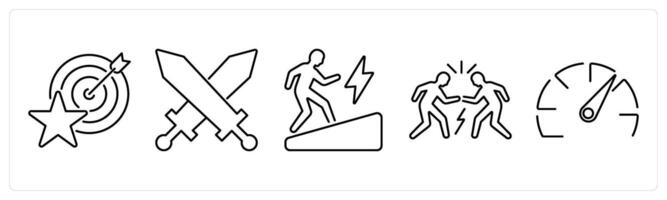 5 Challenge icons as challenge, battle, determination in black bold vector