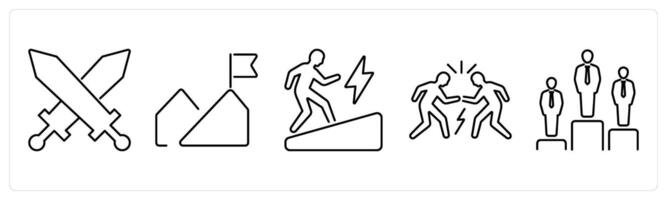 5 Challenge icons as battle, mission, determination in black bold vector