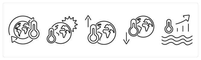 5 climate change icons as climate change, global warming, temperature increase in black bold vector