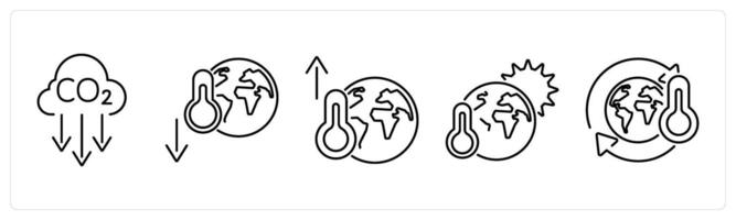5 climate change icons as co2 reduction, temperature decrease, temperature increase in black bold vector